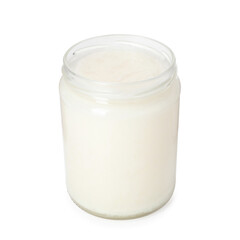 Organic coconut cooking oil in glass jar isolated on white
