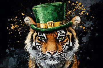 A tiger wearing a green top hat, adorned with a golden band, against a dark, splattered background.