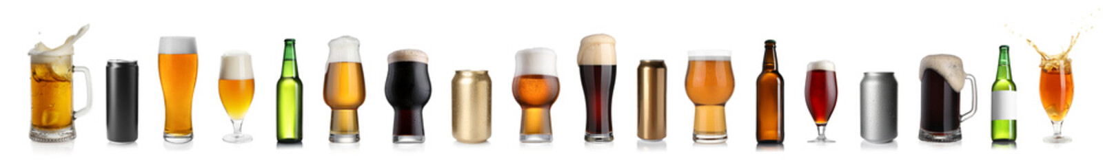 Different types of fresh beer isolated on white, set