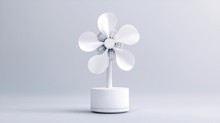 White flower fan on stand, minimalist background, cooling device