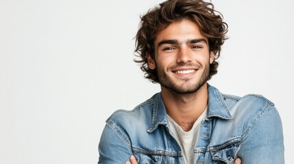 Naklejka premium Smiling young man in casual beige t-shirt and glasses, quarter view,portrait with soft lighting