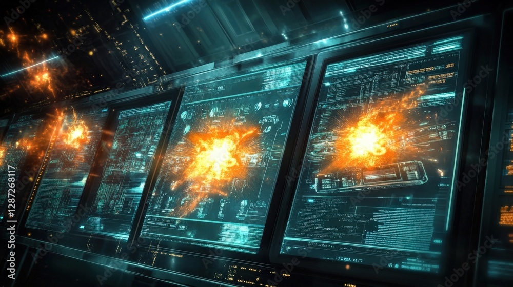 Poster orange explosions are bursting from futuristic computer screens showing complicated code and diagram