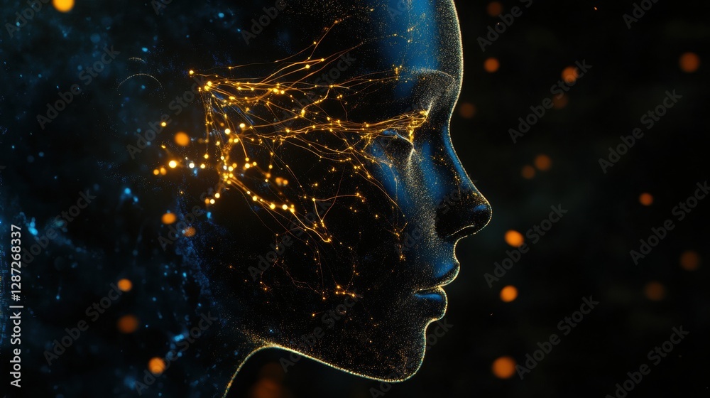 Fototapete profile view of a human head with glowing synapses and intricate neural connections, highlighting ad