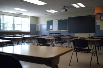 Empty Classroom Desks and Chairs Await Students,  Ready for Learning in Educational Setting.