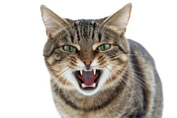 Fierce animal face with open mouth and visible fangs against a transparent background. The animal has green eyes with brown and gray stripes