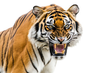 Fototapeta premium Fierce animal portrait isolated on transparent background showcasing orange and black striped fur angry expression with open mouth and visible teeth