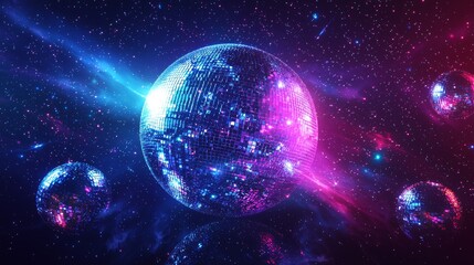 Disco ball-shaped planet in outer space, surrounded by shimmering mirror-ball asteroids, vibrant neon hues of blue and purple, retro-futuristic, pop art style, high resolution