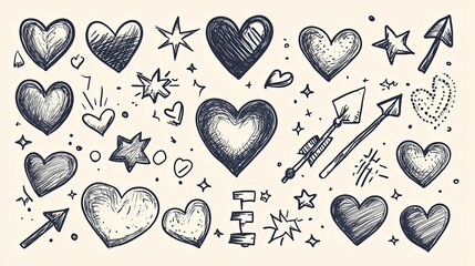 Hand Drawn Hearts Stars Arrows And Other Romantic Symbols