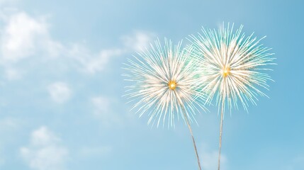 Obraz premium Two stylized dandelion flowers resembling fireworks bloom against a soft blue sky with clouds.