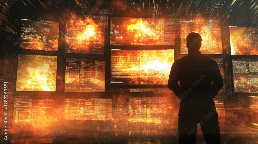 Poster cybersecurity expert monitoring critical system failure on multiple screens, with cascading fire eff