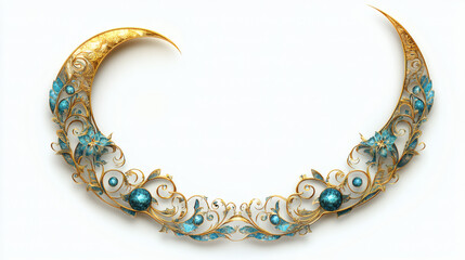Ornate Gold And Teal Crescent Moon Design Element for Elegant Designs and Luxurious Branding. The Intricate Filigree Design and Sparkling Gemstones Adorn the Golden Crescent Moon Shape on White