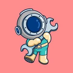 Cute Diver Handyman Holding Wrench Cartoon Vector Icon