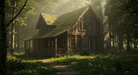 Fototapeta premium Rustic Cabin in Forest with Mossy Roof and Stone Chimney