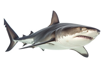Naklejka premium Close-up of a shark with white and gray skin against a transparent backdrop, displaying teeth and fins