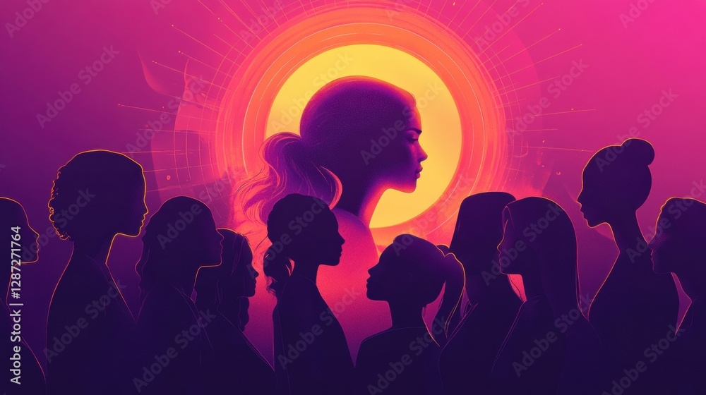 Poster Empowerment and unity shine through diverse silhouettes in celebration of Womens Day. Generative AI