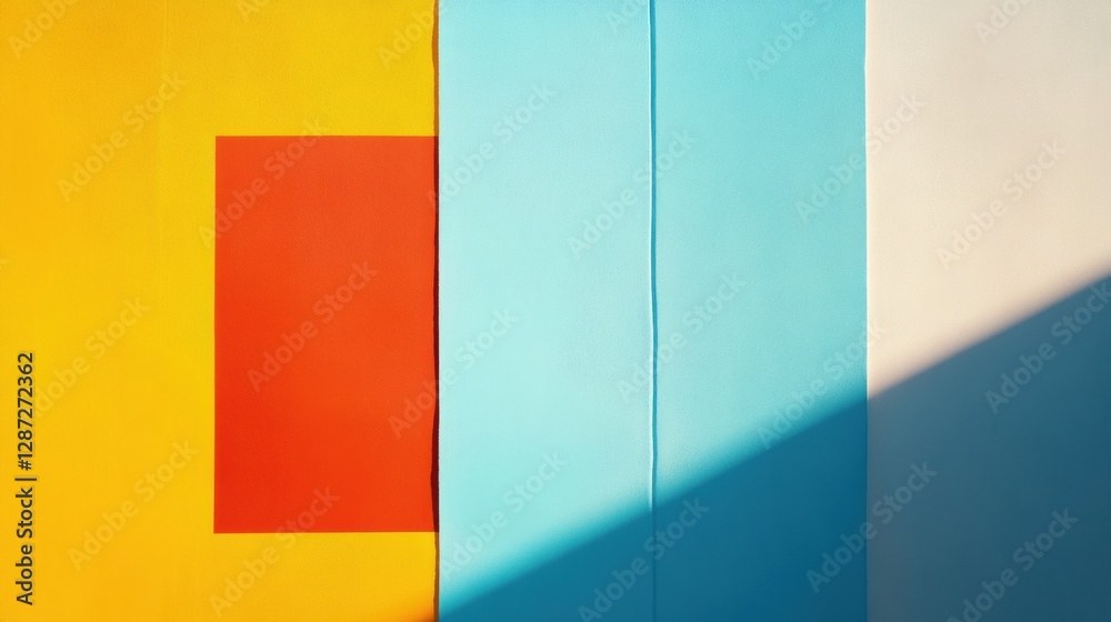 Poster Vibrant geometric patterns interact with light and shadow in an urban setting showcasing bold colors at midday. Generative AI