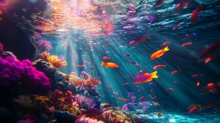 Vibrant neon coral reef aquarium, exotic tropical fish with iridescent scales, crystal-clear water reflecting vivid colors, gentle light beams