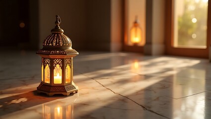 Golden Ramadan Lantern Illuminates Peaceful Interior
