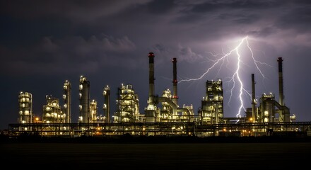 Naklejka premium Industrial Complex Under a Dramatic Night Storm