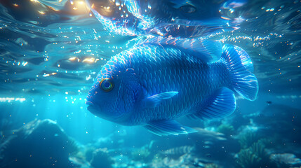 Fototapeta premium Illustration - Majestic Blue Fish Underwater Ocean Sunlight Aquarium Marine Life