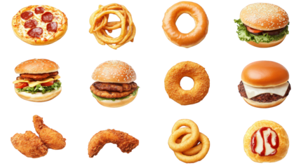 a variety of fast food items arranged in a grid format. featuring pizzas. burgers. donuts. chicken wings. and onion rings the vibrant presentation highlights the appealing nature of these foods. cater
