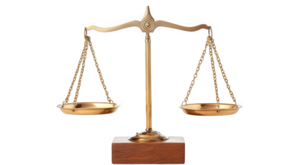 a classic balance scale. symbolizing justice and fairness. with two golden pans suspended from a central beam the scale is mounted on a wooden base. representing the legal system's foundation and the