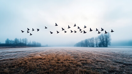 Serenity in nature: flock of birds in flight over frosted meadow at dawn