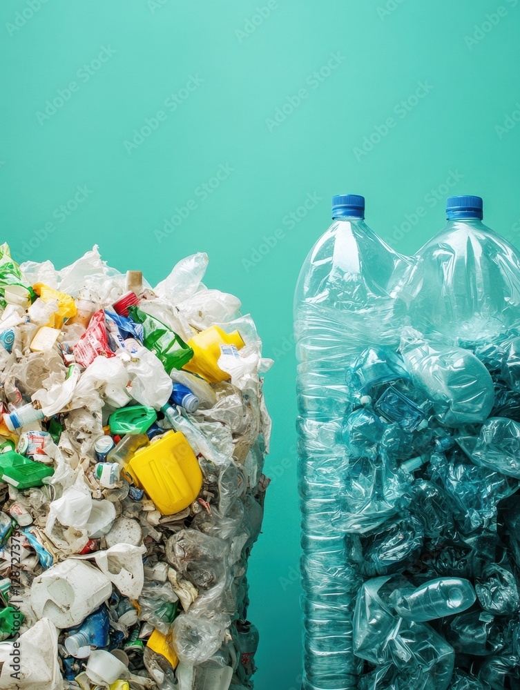 Poster contrast between plastic waste and recycled products highlights environmental challenges and solutio