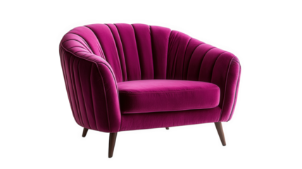 a stylish. modern armchair featuring a plush. velvet texture in a vibrant shade of pink. designed for comfort and aesthetic appeal the chair has a rounded shape with vertical tufting and wooden legs.