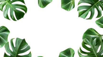 collection of lush green monstera leaves arranged around a blank white space. creating a natural frame it is ideal for use in design projects. invitations. or social media posts that aim to evoke a fr