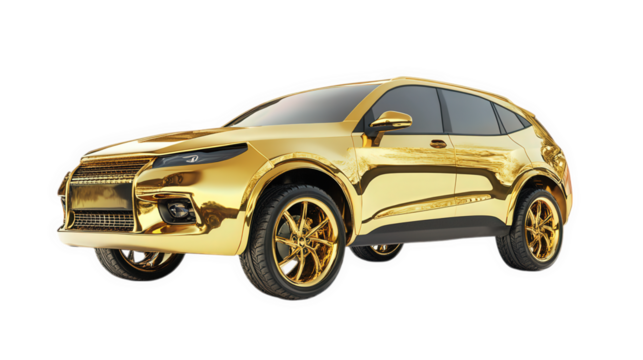 sleek. futuristic suv designed with a shiny gold exterior and matching golden wheels. showcasing a luxurious and extravagant style it highlights modern automotive design and could symbolize wealth and