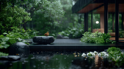 Fototapeta premium Small bird perched on a wet black stone in a tranquil rainy garden next to a modern minimalist house.