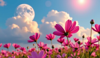 A vibrant field of pink cosmos flowers stretches towards a clear, bright blue sky, capturing the essence of a perfect summer day.
