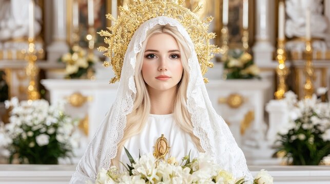 Woman in religious attire in church interior.  Possible use Stock photo for religious themes