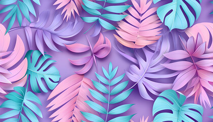 3D Illustration Tropical Leaves Background, Pink, Purple, Teal