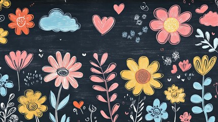 Chalkboard Floral Design With Hearts And Clouds