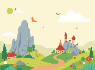 Cheerful Fantasy Landscapes: Vibrant Vectors for Kids' Imaginations
