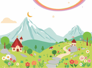Cheerful Fantasy Landscapes: Vibrant Vectors for Kids' Imaginations