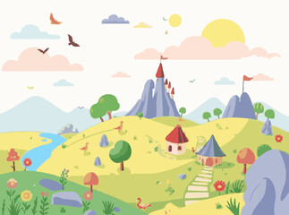 Cheerful Fantasy Landscapes: Vibrant Vectors for Kids' Imaginations