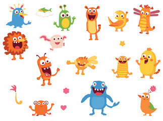 Playful Cartoon Creatures: Bright and Colorful Vector Designs