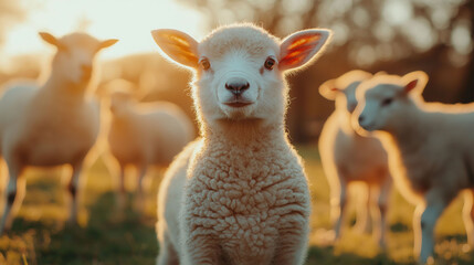 Obraz premium Little lamb in the middle of the field surrounded by more sheep