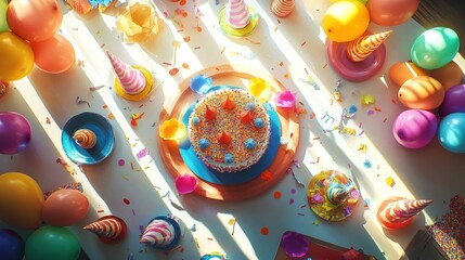 Fototapeta premium A top-down view of a birthday table covered with colorful decorations, a cake surrounded by party hats, confetti, and balloons, with sunlight streaming through a window 