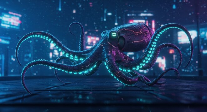 Futuristic Cyberpunk Octopus with Neon Lights in a Neon Lit City