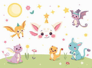 Magical Fantasy Creatures Set for Whimsical Kids' Tales in Cheerful Tones