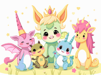 Magical Fantasy Creatures Set for Whimsical Kids' Tales in Cheerful Tones