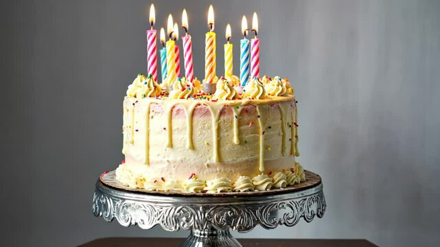 Birthday Cake with Colorful Burning Candles on a Silver Cake Stand