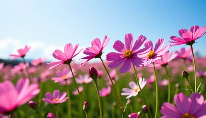 A vibrant field of pink cosmos flowers stretches towards a clear, bright blue sky, capturing the essence of a perfect summer day.