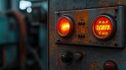 Industrial Control Panel with Glowing Lights and Rust Detailing