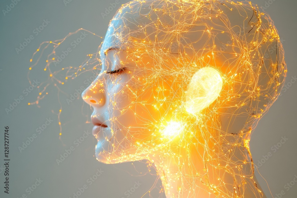 Poster Complex neural connections and glowing synapses depict artificial intelligence in a human profile. Generative AI
