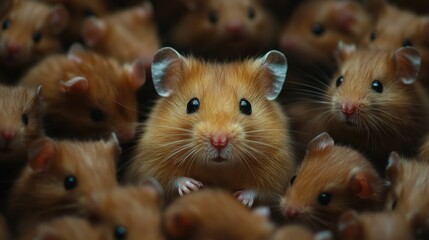 A single hamster surrounded by many others